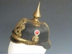 German / Bavarian Army 19thC black leather pickelhaube helmet complete with scales chin strap and