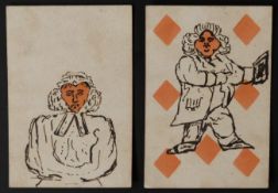 Two single hand drawn transformation English playing cards being ace of hearts and eight of diamonds