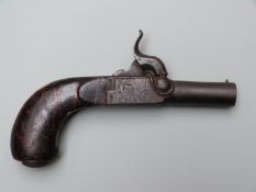 Belgian percussion hammer action pocket pistol with engraved lock, folding trigger, shell shaped