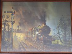 Barrie Clark print GWR steam locomotive at speed, 60 x 79cm