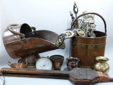 Brass and copper fireside items and two coal scuttles