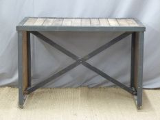 Industrial/ shopfitting/ haberdashery Superdry display stand/ table with oak plank top, hanging
