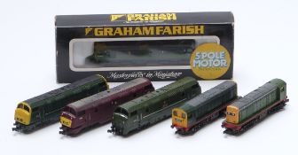 Six Grayham Farish, Trix and similar N gauge diesel locomotives including BR Class 25 8304 in