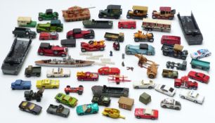 Fifty Corgi, Matchbox and similar diecast model vehicles including ships, tanks etc