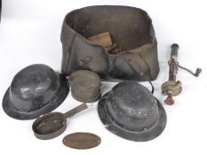 Vintage leather riveted tool bag, possibly ex railway, with contents including Great Western Railway