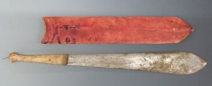 African Masai knife with hide covered handle, blade length 36cm and leather covered wooden sheath