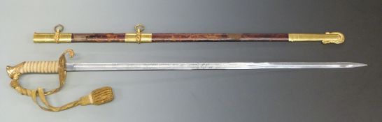 Armenian naval officer's sword with brass hilt, shagreen grip and etched 76cm blade marked USN,