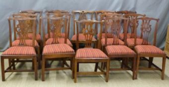 Harlequin set of fourteen mahogany/oak Chippendale style upholstered dining stairs upholstered in