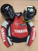 Motorcycle jacket and two helmets