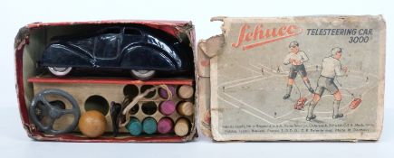 Schuco clockwork tinplate Telesteering Car 3000 with blue body, in original box with steering wheel,