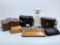 Oak desk standish, camphorwood cigar box, Admiralty Oldham lamp, binoculars x 3 etc
