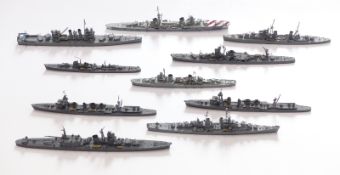 Ten Neptun and similar diecast model waterline ships including Sendai, Atlanta, Oyodo etc, largest