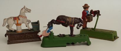 Three novelty cast metal mechanical money boxes Trick Pony, Always Dispyse A Mule and Monkey Bank
