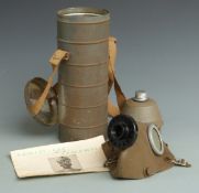 WWII Belgium Type L 702 gas mask with metal canister holder and instructions