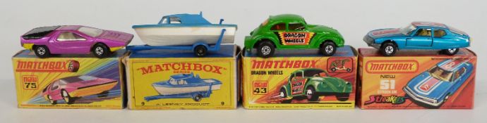 Four Matchbox Lesney 1-75 series diecast model vehicles 9, 75, Streaks 51 and Dragon Wheels 43,