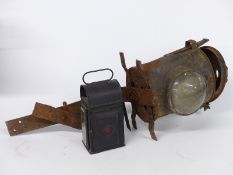 Railway signal or similar lamp, height 30cm and a hand lamp