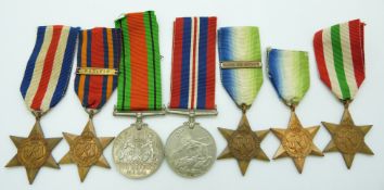WWII British medals comprising five Stars, France & Germany, Burma with clasp for Pacific,