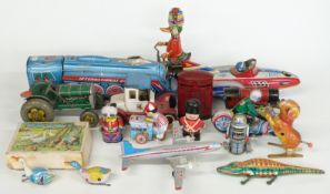 Seventeen tin-plate toys mostly clockwork including a Hornby 0 gauge train, robot, aeroplanes,