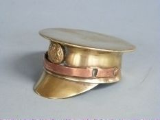 WWII trench art officers' cap made from a brass shell with copper chin strap and button badge,