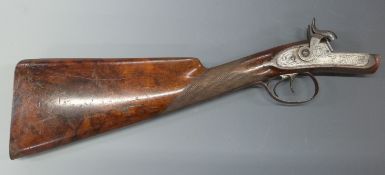 John Manton & Son side by side percussion hammer action sporting gun stock and action with finely