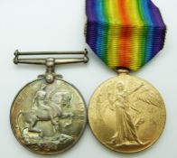 British Army WWI medals, comprising War Medal and Victory Medal, named to 27026 Private J H Haldren,