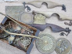 Three wooden Yokes, brass horse names, trivets, brass chargers etc