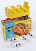 Corgi Toys diecast model Beast Carrier with yellow body, red chassis and hubs and four cows 58, in