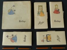 Auction bridge score card set with four score pads, each with lady in colourful period dress to