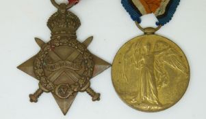 British Army WWI medals comprising 1914/1915 Star and Victory Medal named to 8439 Gunner A J