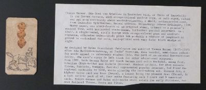 Anonymous maker, Germany playing card, possibly Thomas Murner. Single card the three of hawk-bells