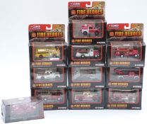 Ten Corgi Showcase Collection Fire Heroes diecast model fire engines together with an Atlas Editions