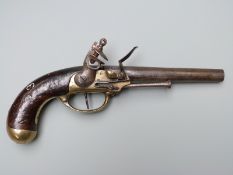 Flintlock hammer action Charlivelle model 1777 pistol with named brass lock, trigger guard and