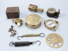 Stanley sighting compass, revolution or similar counter, spring balances etc