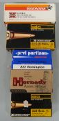 A collection of rifle ammunition comprising 58 .222, 19 .22-250 and 18 .223 rounds, all in
