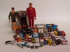 A collection of toys and games including Matchbox diecast model cars, some in original boxes, Action