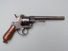 Belgian six-shot pinfire double action revolver with shaped wooden grips, belt loop and 6 inch
