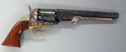 Pietta .44 Colt style revolver with engraved scene of sailing ships to the named cylinder, brass