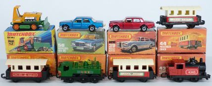 Eight Matchbox 1-75 series diecast model vehicles comprising 12, 39, 43, 44 x3, 47 and 56, all in