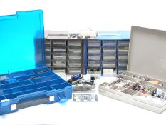 A large collection of N gauge parts, accessories and electrical components including locomotive