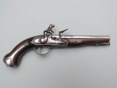 Lazard Queen Anne type flintlock hammer action coat pistol with iron trigger guard, butt plate,