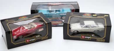 Three Burago and ERTL 1:18 scale diecast model vehicles comprising American Muscle 1957 Chevy Bel