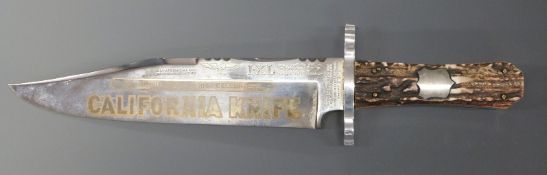 George Wolstenholm & Sons California Bowie knife with 34cm named and engraved blade and horn handle.