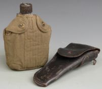 WWII US Army leather pistol holster and a water bottle, dated 1945