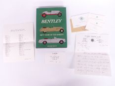 W O Bentley signed Bentley Driver's Club dinner menu signed by W O Bentley, with letter relating