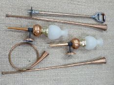 Copper and brass wall lamps, hunting horns etc