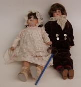 Two bisque headed dolls, one Lillian Middleton with fixed blue eyes, open mouth, long brown hair and