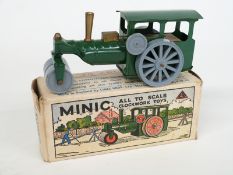 Tri-ang Minic clockwork tinplate Steam Roller in original box with green body, grey plastic wheels