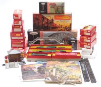 A collection of Tri-ang Hornby 00 gauge locomotives, wagons, tankers, buildings and accessories,