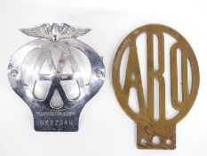 ARO car badge by repute ex Riley Adelphi and an AA badge