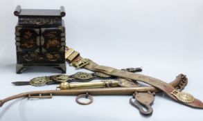 A 19thC adjustable brass horse grooming comb, horse collar engraved 'Brummy, St Helens, Preston',